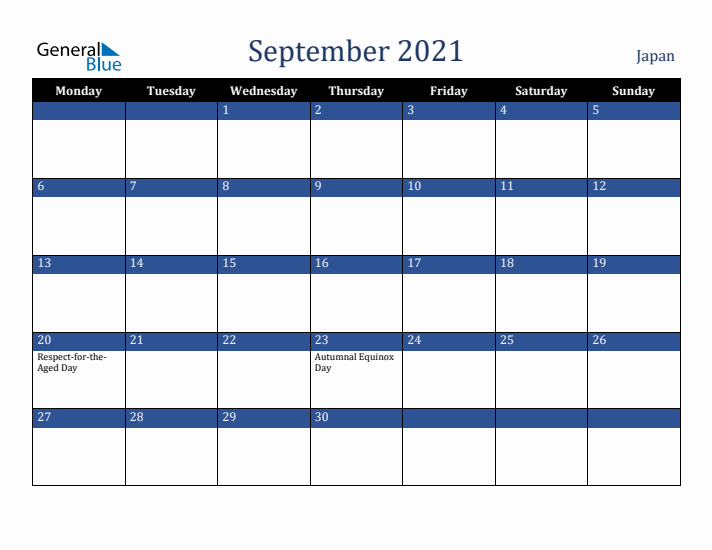 September 2021 Japan Calendar (Monday Start)