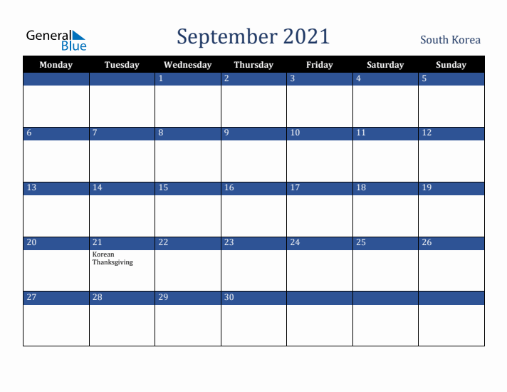 September 2021 South Korea Calendar (Monday Start)
