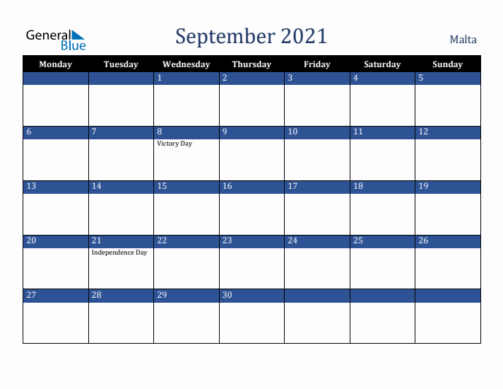 September 2021 Malta Calendar (Monday Start)