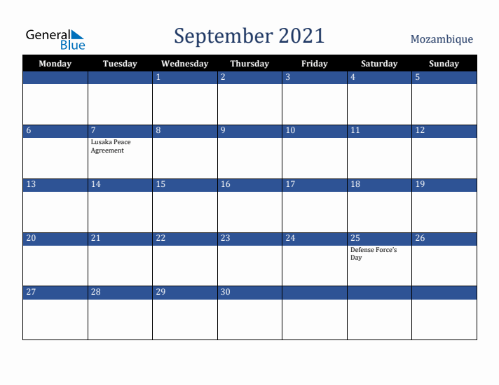 September 2021 Mozambique Calendar (Monday Start)