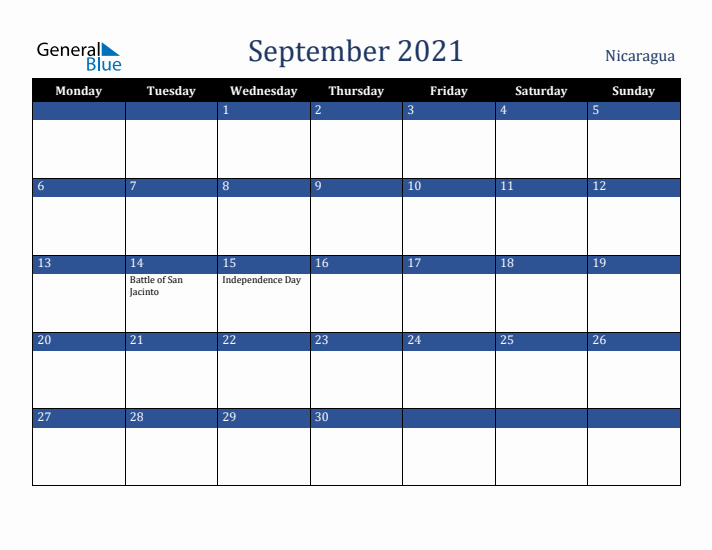 September 2021 Nicaragua Calendar (Monday Start)
