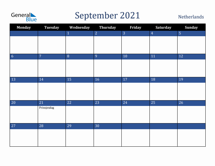 September 2021 The Netherlands Calendar (Monday Start)