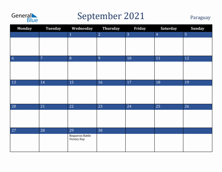 September 2021 Paraguay Calendar (Monday Start)