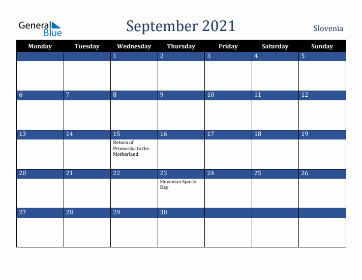 September 2021 Slovenia Calendar (Monday Start)
