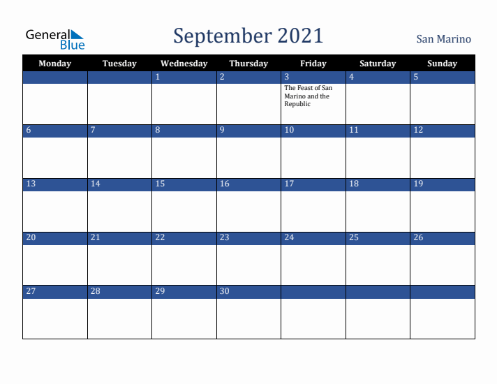 September 2021 San Marino Calendar (Monday Start)