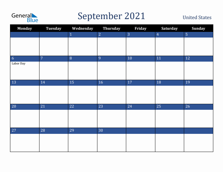 September 2021 United States Calendar (Monday Start)