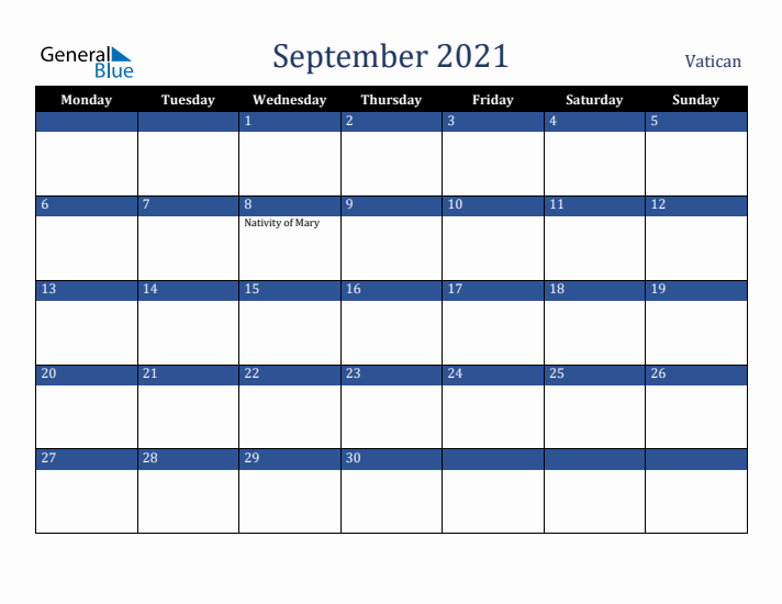 September 2021 Vatican Calendar (Monday Start)