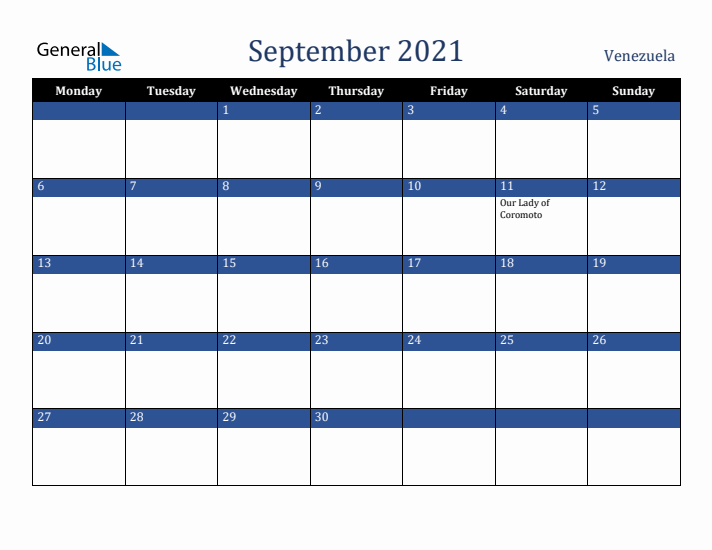 September 2021 Venezuela Calendar (Monday Start)