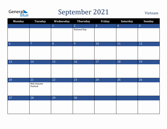 September 2021 Vietnam Calendar (Monday Start)