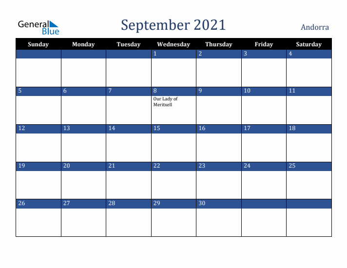September 2021 Andorra Calendar (Sunday Start)