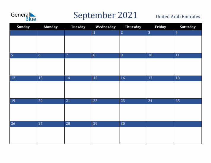 September 2021 United Arab Emirates Calendar (Sunday Start)
