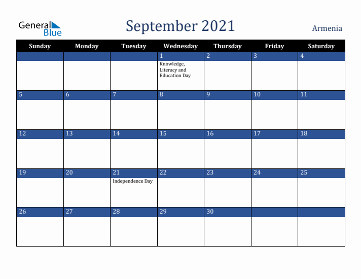 September 2021 Armenia Calendar (Sunday Start)