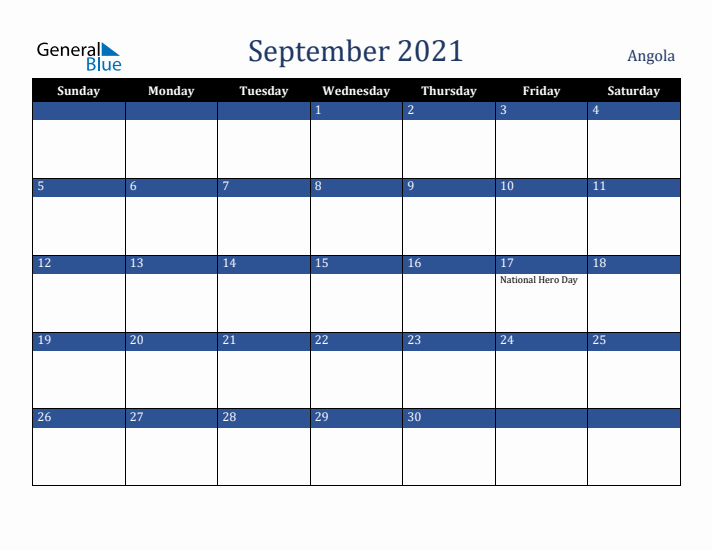 September 2021 Angola Calendar (Sunday Start)