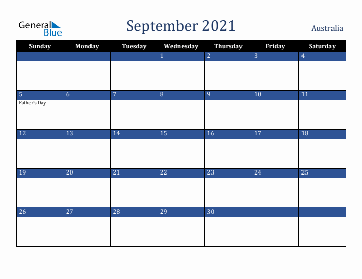 September 2021 Australia Calendar (Sunday Start)
