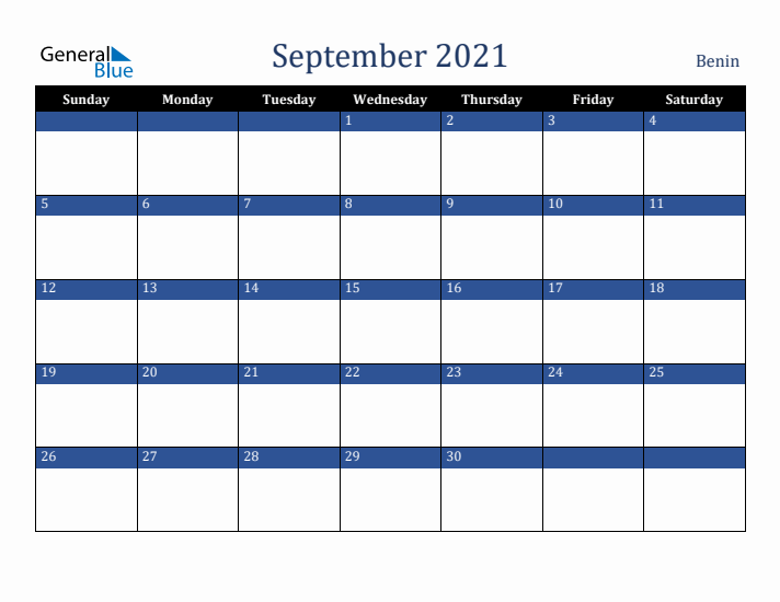 September 2021 Benin Calendar (Sunday Start)