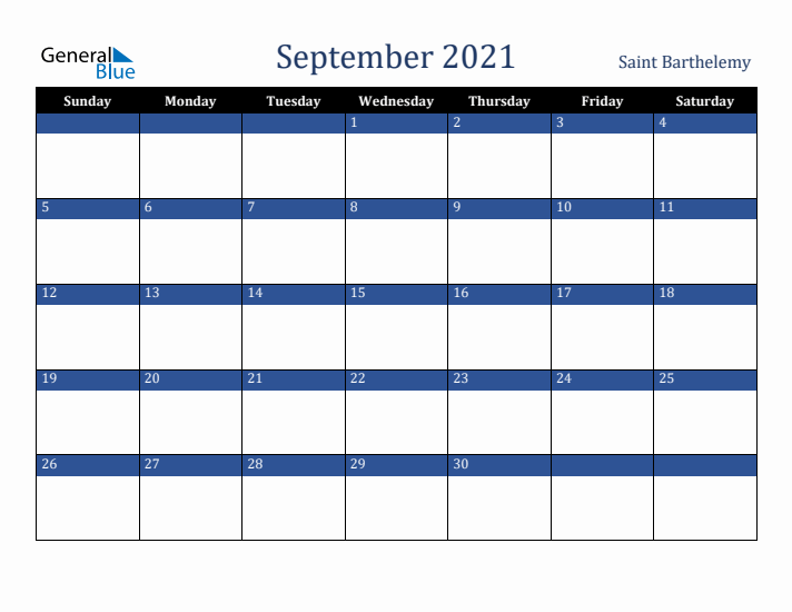 September 2021 Saint Barthelemy Calendar (Sunday Start)
