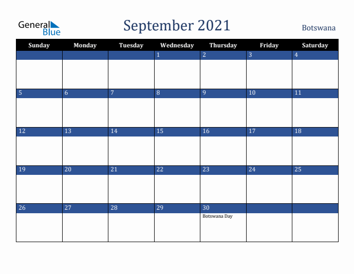 September 2021 Botswana Calendar (Sunday Start)