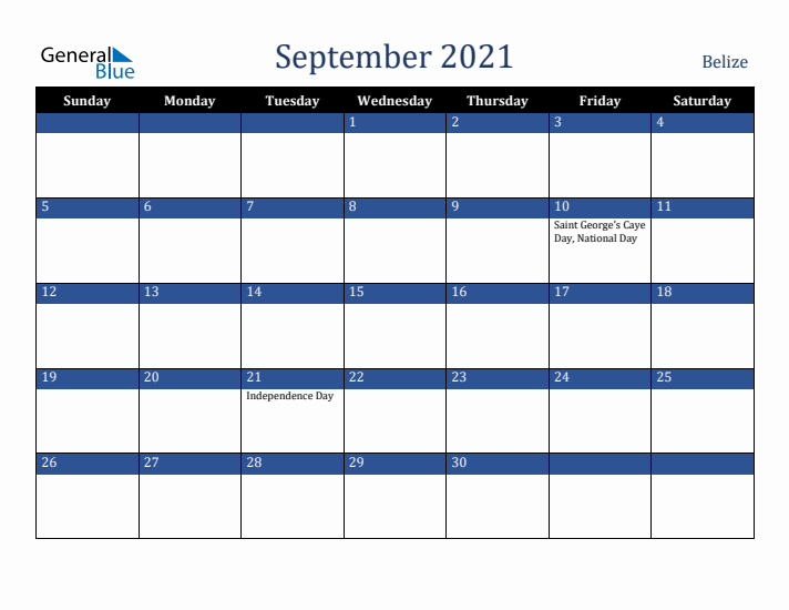 September 2021 Belize Calendar (Sunday Start)