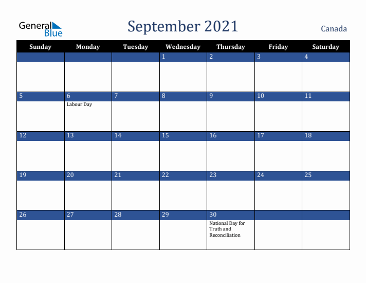 September 2021 Canada Calendar (Sunday Start)