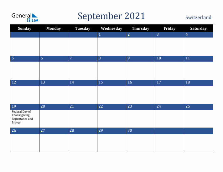 September 2021 Switzerland Calendar (Sunday Start)