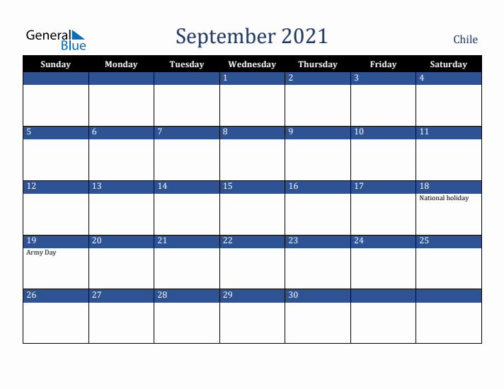 September 2021 Chile Calendar (Sunday Start)
