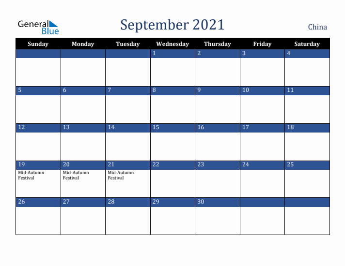 September 2021 China Calendar (Sunday Start)