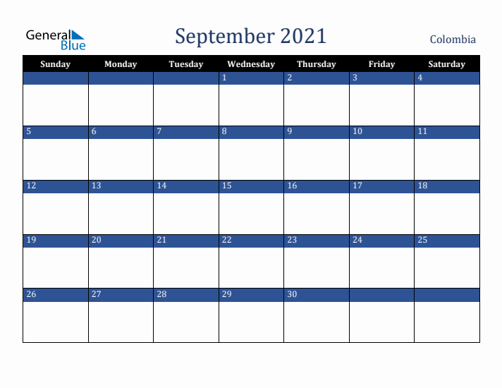 September 2021 Colombia Calendar (Sunday Start)