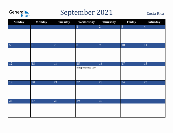September 2021 Costa Rica Calendar (Sunday Start)