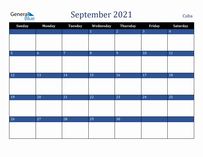September 2021 Cuba Calendar (Sunday Start)