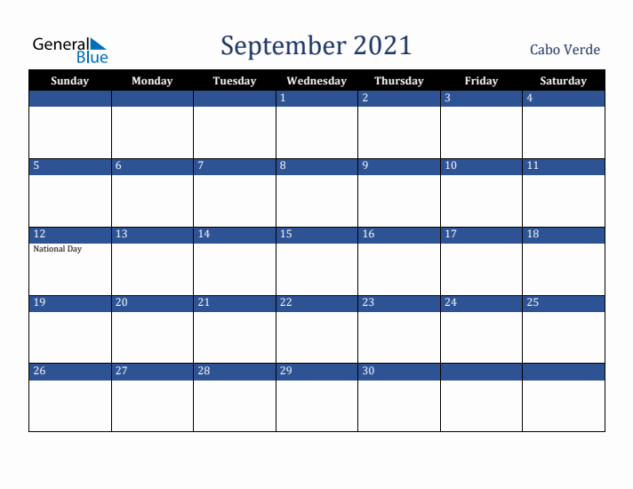 September 2021 Cabo Verde Calendar (Sunday Start)