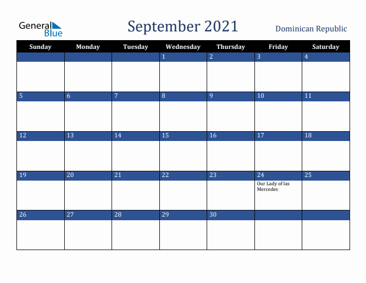 September 2021 Dominican Republic Calendar (Sunday Start)