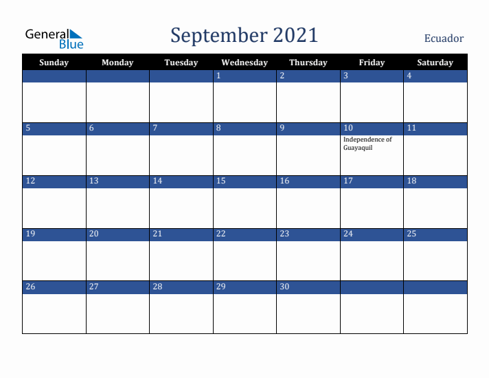 September 2021 Ecuador Calendar (Sunday Start)