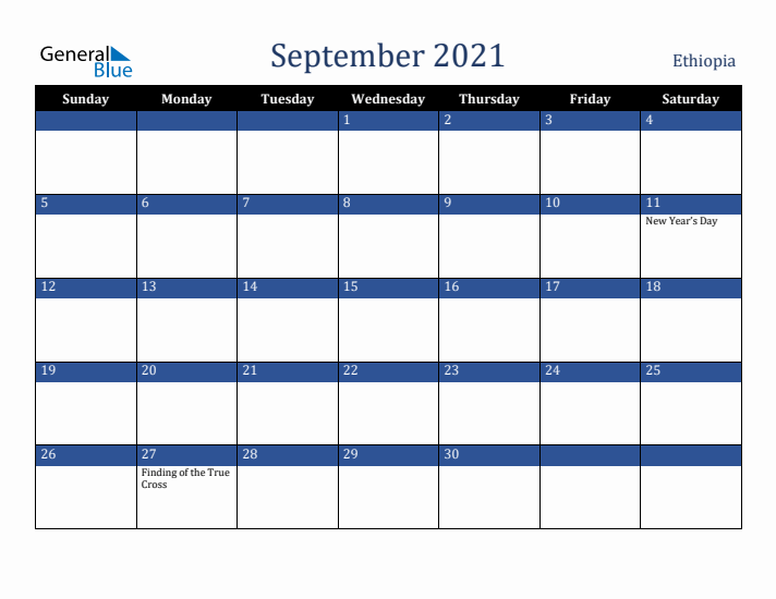 September 2021 Ethiopia Calendar (Sunday Start)