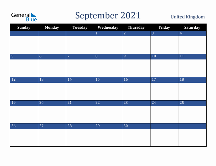 September 2021 United Kingdom Calendar (Sunday Start)