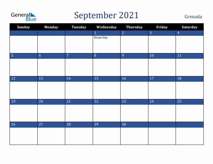 September 2021 Grenada Calendar (Sunday Start)