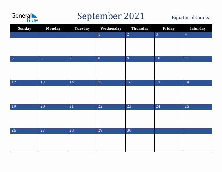 September 2021 Equatorial Guinea Calendar (Sunday Start)
