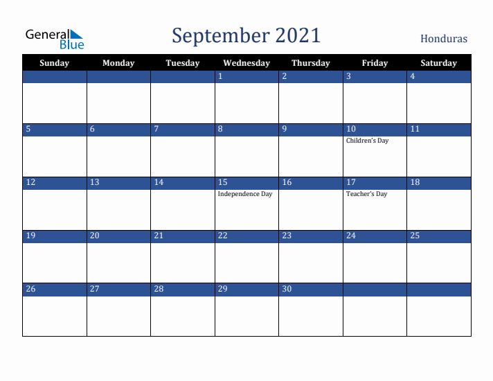 September 2021 Honduras Calendar (Sunday Start)