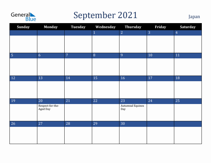 September 2021 Japan Calendar (Sunday Start)