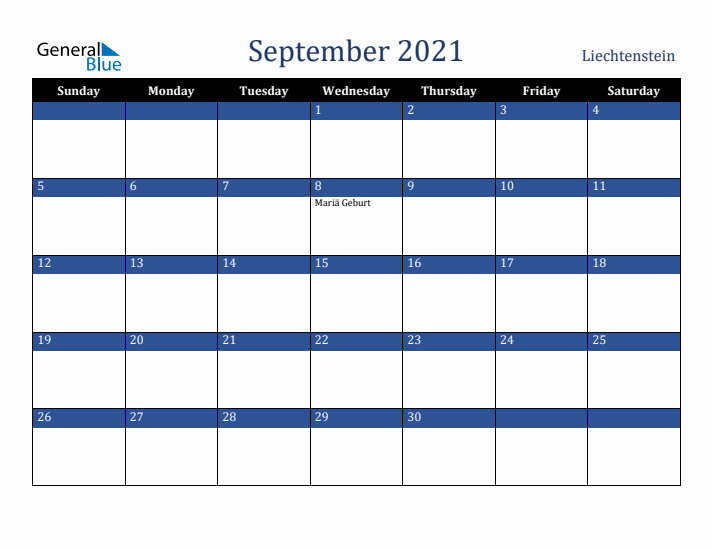 September 2021 Liechtenstein Calendar (Sunday Start)