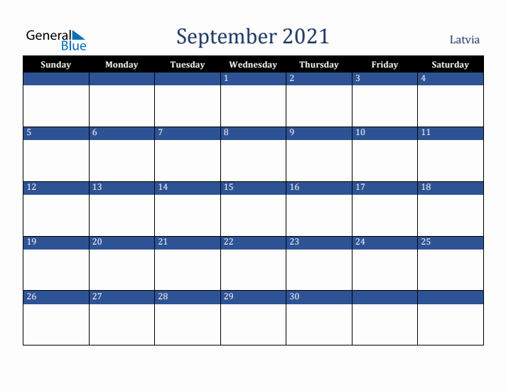 September 2021 Latvia Calendar (Sunday Start)