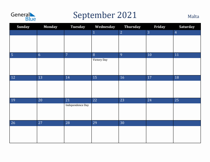 September 2021 Malta Calendar (Sunday Start)