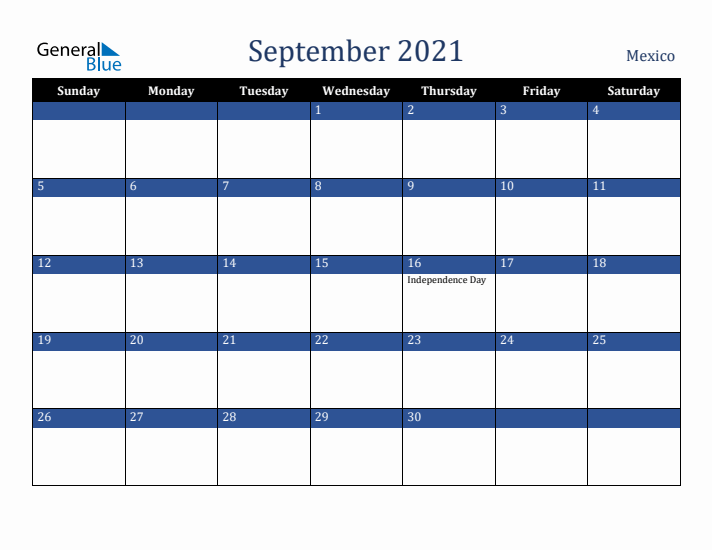 September 2021 Mexico Calendar (Sunday Start)
