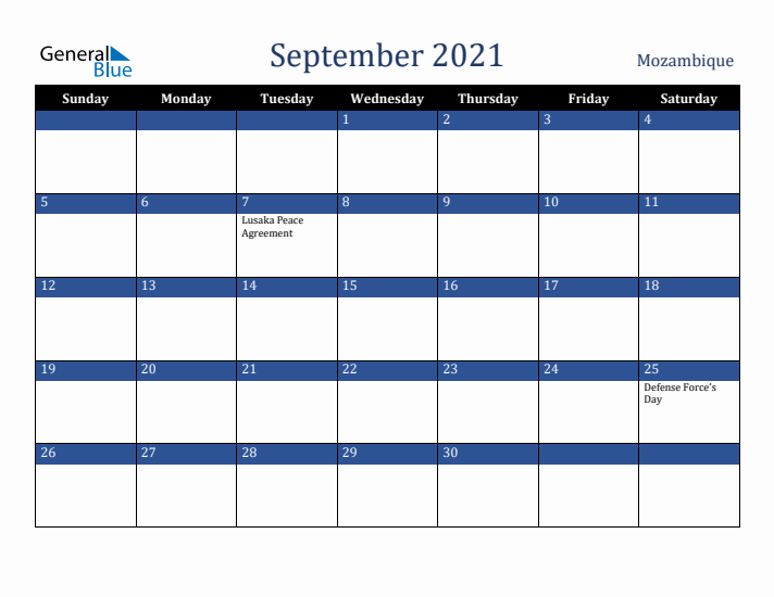 September 2021 Mozambique Calendar (Sunday Start)