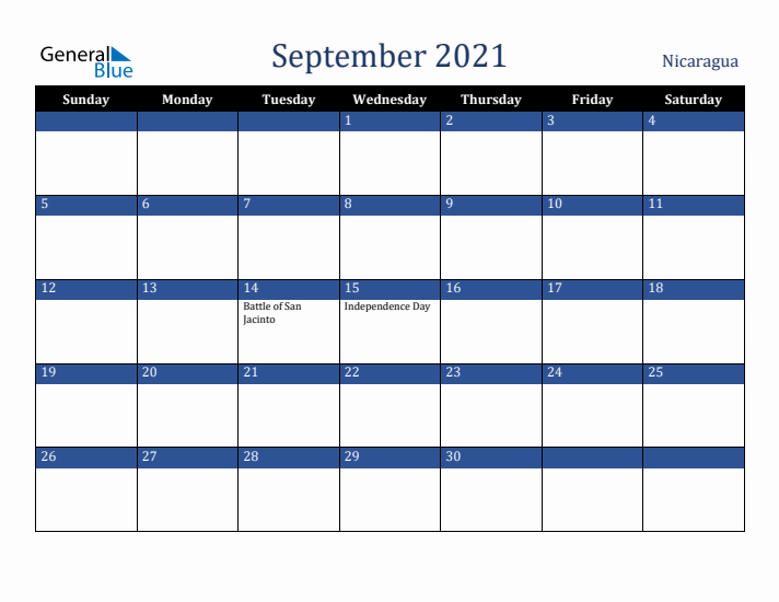 September 2021 Nicaragua Calendar (Sunday Start)