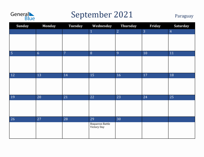 September 2021 Paraguay Calendar (Sunday Start)
