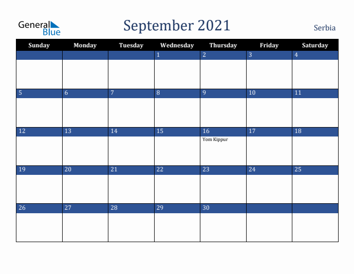 September 2021 Serbia Calendar (Sunday Start)