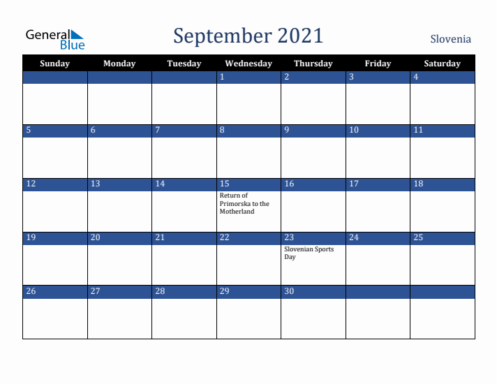 September 2021 Slovenia Calendar (Sunday Start)