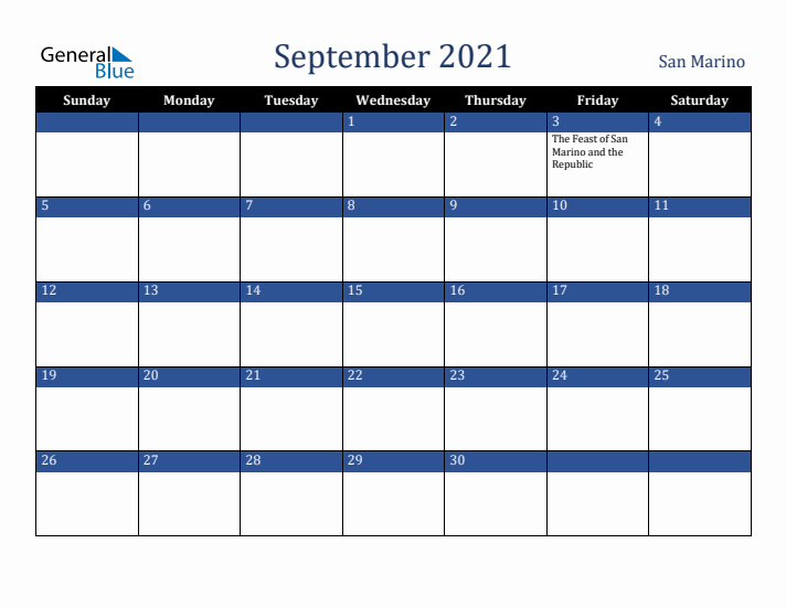 September 2021 San Marino Calendar (Sunday Start)