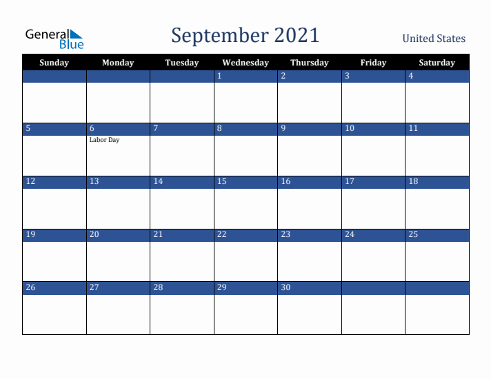 September 2021 United States Calendar (Sunday Start)