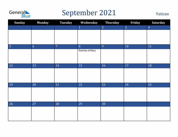 September 2021 Vatican Calendar (Sunday Start)